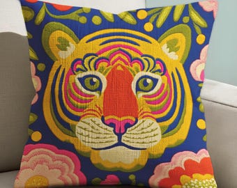 Maximalist Tiger Pillow: Funky Jungle Animal Decor, Premium Linen Feel Cushion