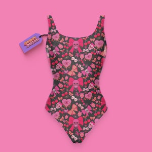 Goth Swimsuit, Cherry Skull, Coquette Bow One Piece Swimwear, Cherry Bathing Suit, Alternative Swimwear, Pastel Goth Swimsuit