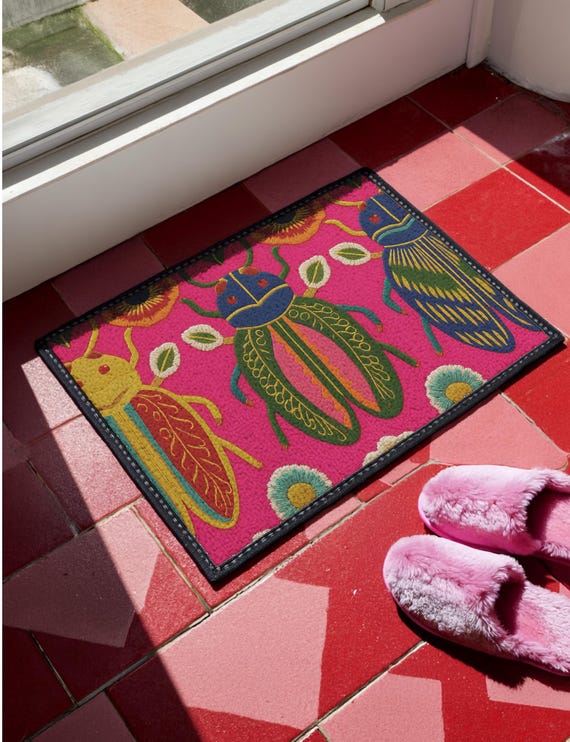 Beetle Doormat Maximalist Insect Welcome Mat, Hot Pink Entomology