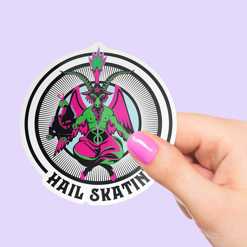 Sticker featuring a rollerskating goat figure inspired by Baphomet, holding a roller skate. The text 'Hail Skatin' appears below, blending rebellious skate culture with occult symbolism in a bold and edgy style.