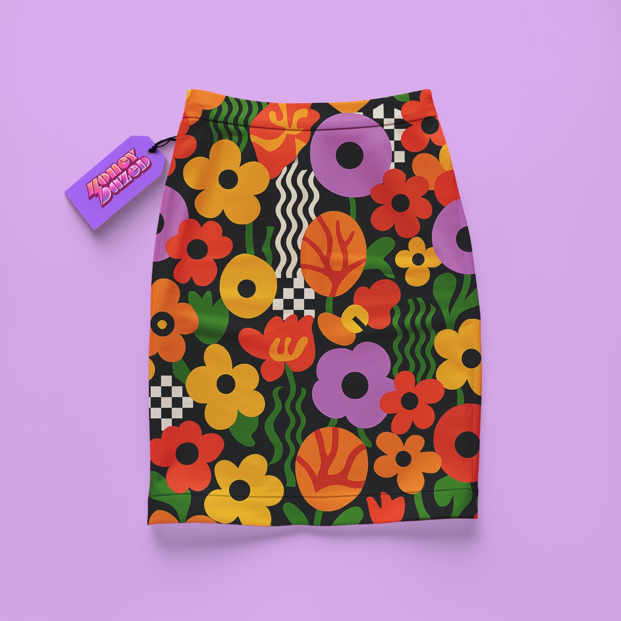Retro Colorful Floral Mini Skirt, Maximalist 70s Festival Skirt