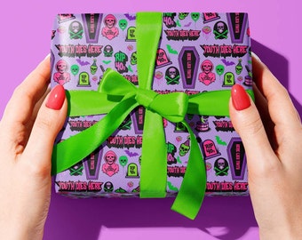 Funny 50th Birthday Wrapping Paper: Goth Skull Coffin Design