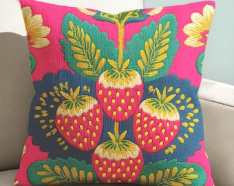Maximalist Folk Art Strawberry Pillow - Funky Cottagecore Fruit Cushion with Insert