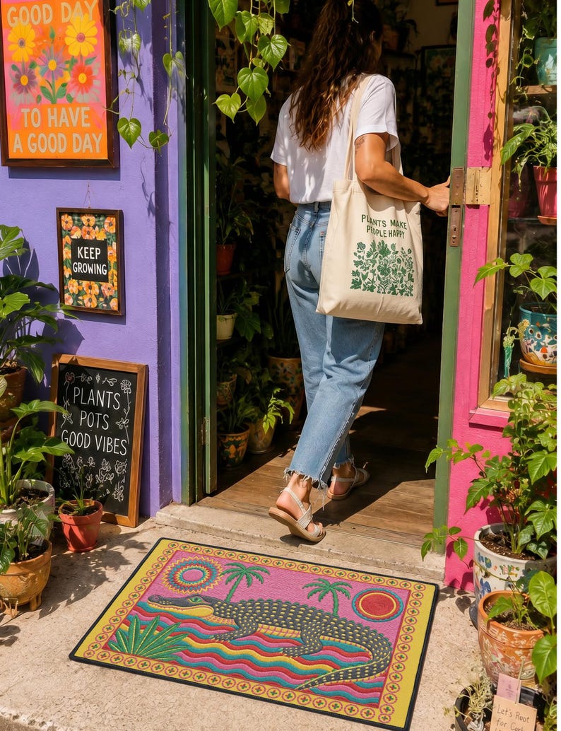 A rectangular doormat featuring a colorful 2D flat print designed to mimic raised, textured yarn embroidery. The central graphic showcases a large dark grey and yellow alligator resting in wavy water stripes of red, bright blue, and yellow. The background is hot pink, decorated with two green palm trees, a leafy green agave plant, and two stylized suns. The entire design is enclosed by a yellow border with repeating circle motifs and finished with a sleek black outer edge border trim.