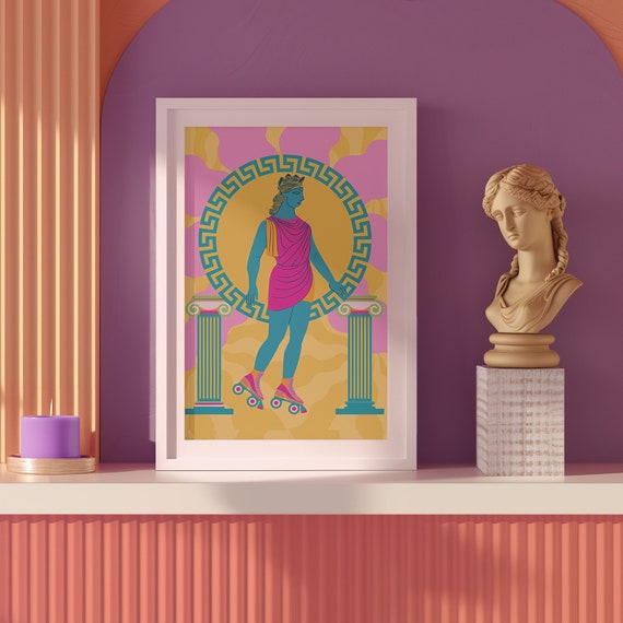 Greek Statue on Roller Skates Art Print: Colorful Maximalist Decor