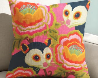 Maximalist Possum Pillow, Pink 70s Retro Throw Cushion, Linen-Feel Dopamine Decor