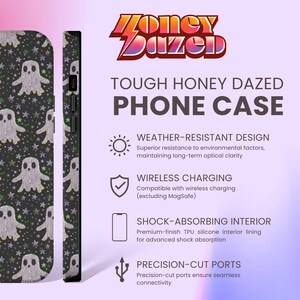 Black phone case featuring white textured ghost pattern with multicolored star accents. Kawaii-style ghosts with simple black eyes on dark background.