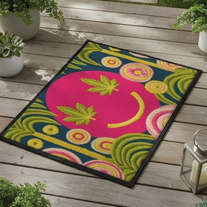 A rectangular doormat featuring a large hot pink smiley face on a deep teal background. The smiley face has green cannabis leaves for eyes and a yellow stitched-style smile. The central face is surrounded by stylized green foliage arches and concentric circles in pink, yellow, and white, resembling abstract flowers. The design mimics a vintage needlepoint or tapestry texture but is a flat print. The mat has a solid black trim border.