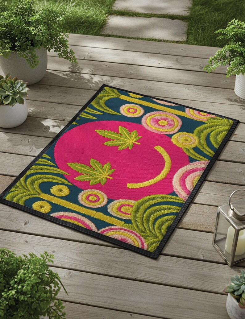 A rectangular doormat featuring a large hot pink smiley face on a deep teal background. The smiley face has green cannabis leaves for eyes and a yellow stitched-style smile. The central face is surrounded by stylized green foliage arches and concentric circles in pink, yellow, and white, resembling abstract flowers. The design mimics a vintage needlepoint or tapestry texture but is a flat print. The mat has a solid black trim border.