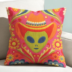 Psychedelic Alien Cowboy Pillow Cover and Space Cowgirl Decor: Weirdcore Maximalist Western Cushion