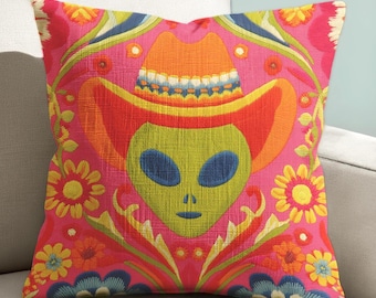 Psychedelic Alien Cowboy Pillow Cover and Space Cowgirl Decor: Weirdcore Maximalist Western Cushion