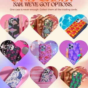 May include: Nine different phone cases with various colorful and graphic designs. The cases feature a variety of themes, including mushrooms, skulls, cats, and flowers. The text "ONE CASE? NAH. WE'VE GOT OPTIONS." is displayed at the top of the image. The text "Honey Buzzed" is displayed at the bottom of the image.