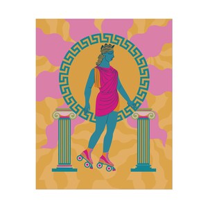 Art print of a Greek goddess on roller skates, with neon colors and Greek key patterns. Perfect for maximalist and eclectic home decor.