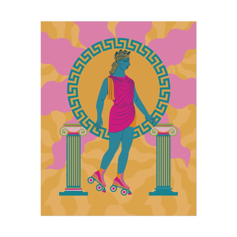 Art print of a Greek goddess on roller skates, with neon colors and Greek key patterns. Perfect for maximalist and eclectic home decor.