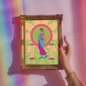 Grecian goddess in a teal toga roller skating between columns, vibrant maximalist art print in pink, orange, and green hues.