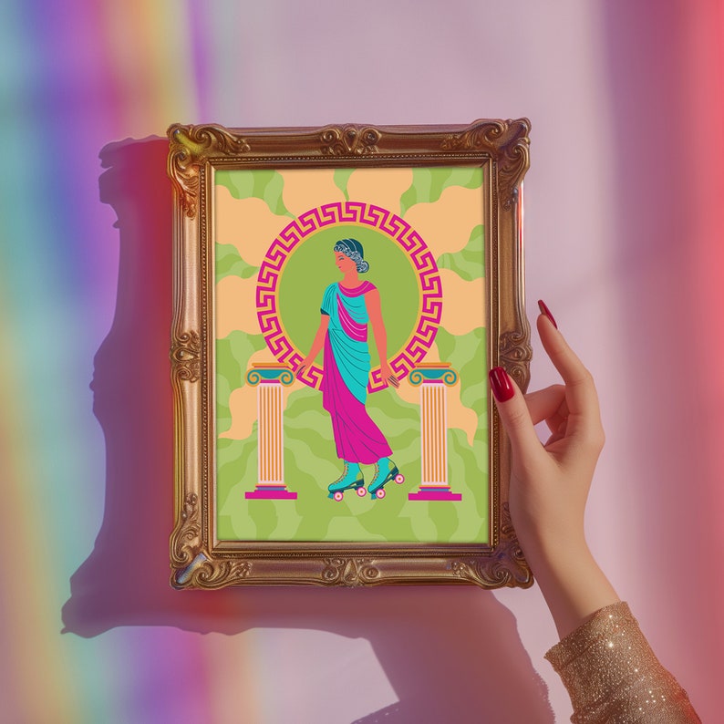Grecian goddess in a teal toga roller skating between columns, vibrant maximalist art print in pink, orange, and green hues.