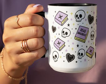 Gothic Bookish Reader Mug - Pastel Goth Skull Coffee Cup -  Banned Books Merch for Librarian