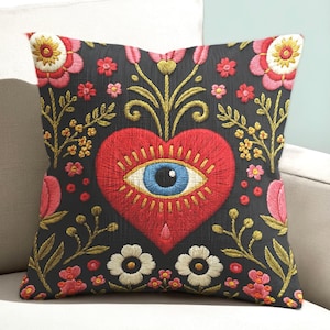 Sacred Heart Evil Eye Pillow Cover, Folk Art Floral Cushion, Maximalist Gothic Decor Gift