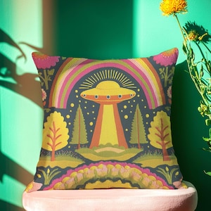 Sci-Fi UFO Alien kussensloop jaren 70 - Levendige decoratieve kussenhoes voor eclectisch maximalistisch decor