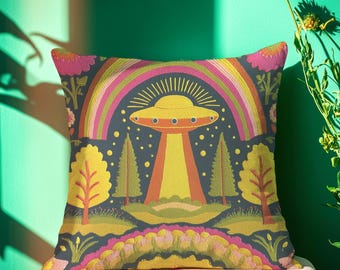 Sci-Fi UFO Alien 70s Style Pillow Case - Vibrant Decorative Cushion Cover for Eclectic Maximalist Decor