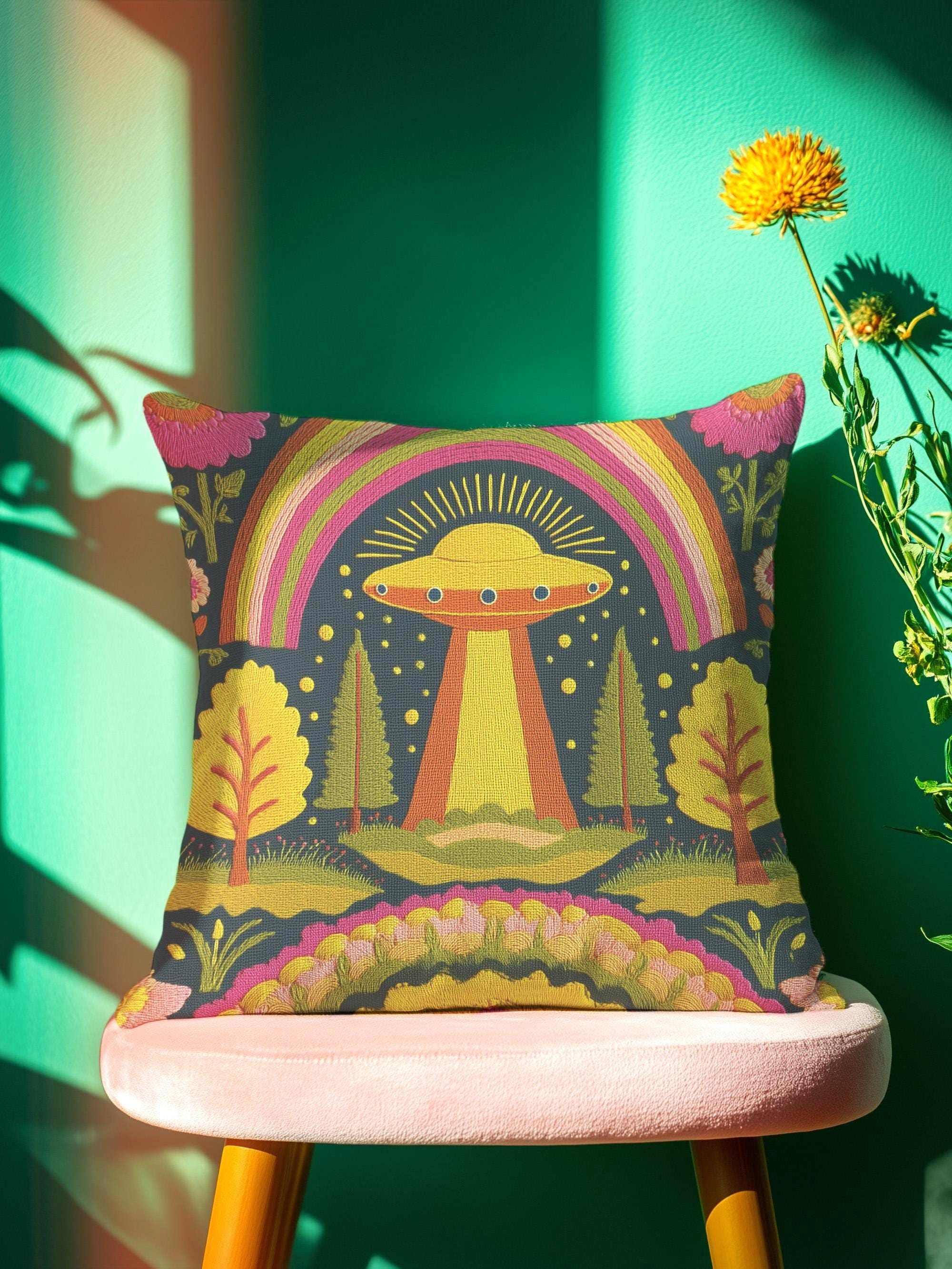 Sci-fi UFO Alien 70s Style Pillow Case - Vibrant Decorative Cushion ...