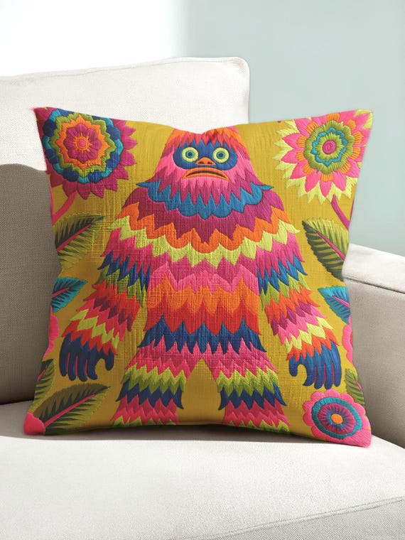 Bigfoot Dopamine Decor Pillow Cover, Colorful Cryptid  Quirky Folk Art, Funky Floral Sasquatch Cushion, Neon Maximalist Eclectic Home