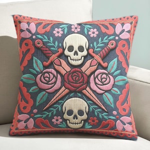 Skull Dagger Throw Pillow Cover - Folk Gothic Floral Cushion Case
