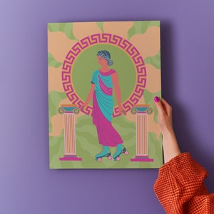 Grecian goddess in a teal toga roller skating between columns, vibrant maximalist art print in pink, orange, and green hues.