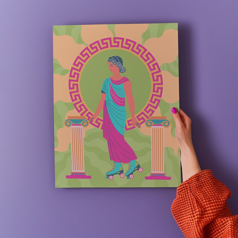 Grecian goddess in a teal toga roller skating between columns, vibrant maximalist art print in pink, orange, and green hues.