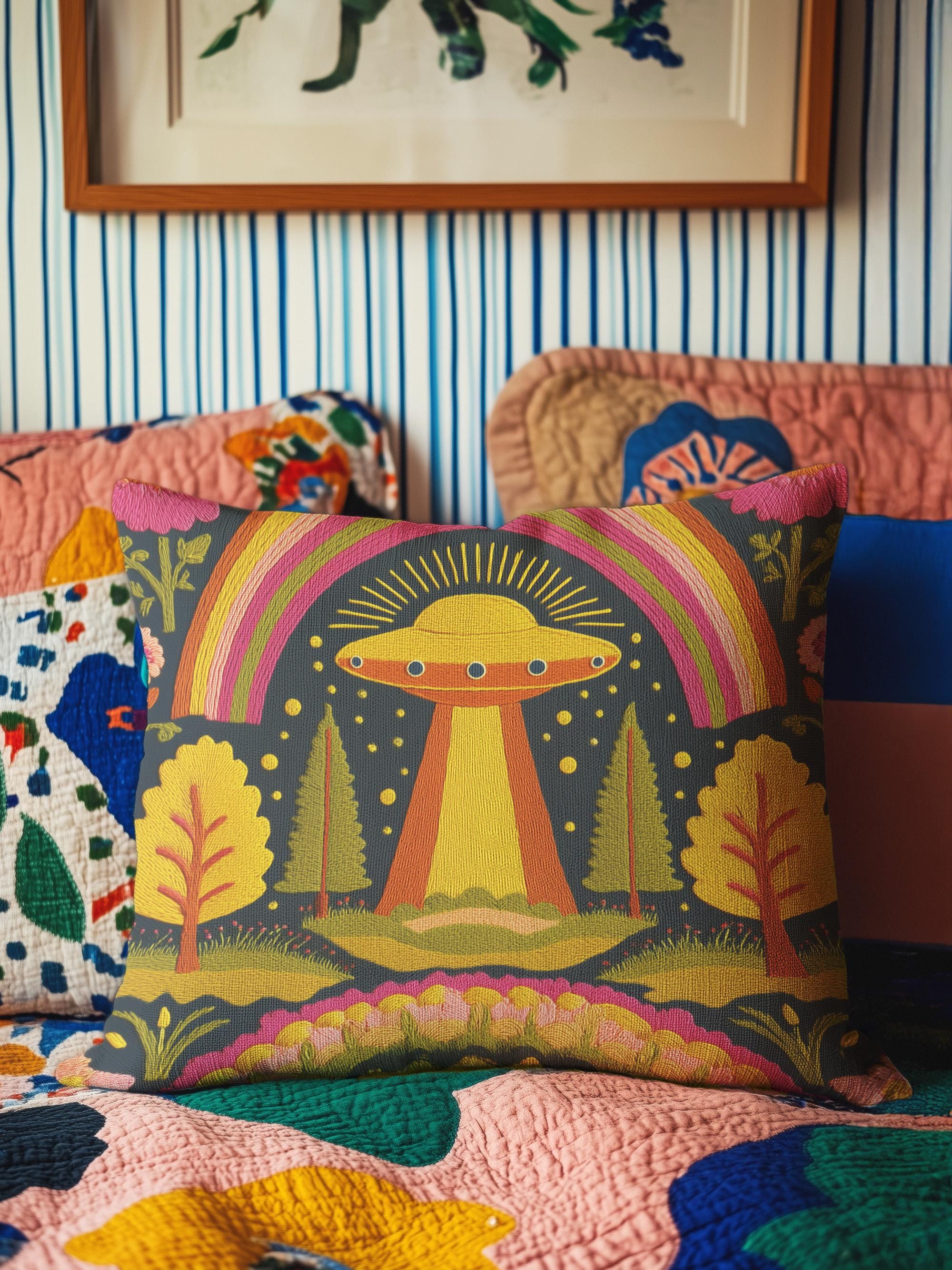 Sci-fi UFO Alien 70s Style Pillow Case - Vibrant Decorative Cushion ...