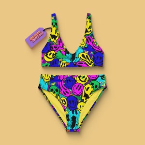 Melted Neon Emoji Recycled high-waisted Bikini, Y2K 90s Swimwear, Sustainable Swimsuit, Festival Bikini