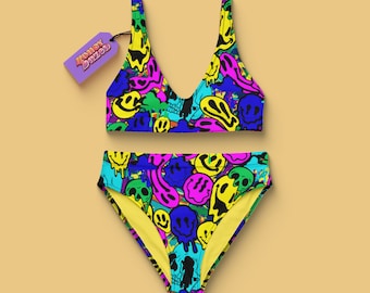 Melted Neon Emoji Recycled high-waisted Bikini, Y2K 90s Swimwear, Sustainable Swimsuit, Festival Bikini