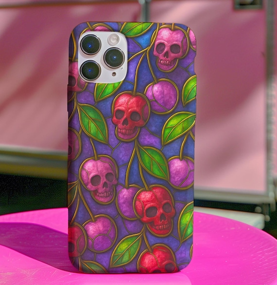 Stained Glass Cherry Skull iPhone Case: Spooky Gothic Phone Cover