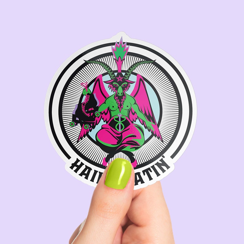 Sticker featuring a rollerskating goat figure inspired by Baphomet, holding a roller skate. The text 'Hail Skatin' appears below, blending rebellious skate culture with occult symbolism in a bold and edgy style.