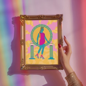 Art print of a Greek goddess on roller skates, with neon colors and Greek key patterns. Perfect for maximalist and eclectic home decor.