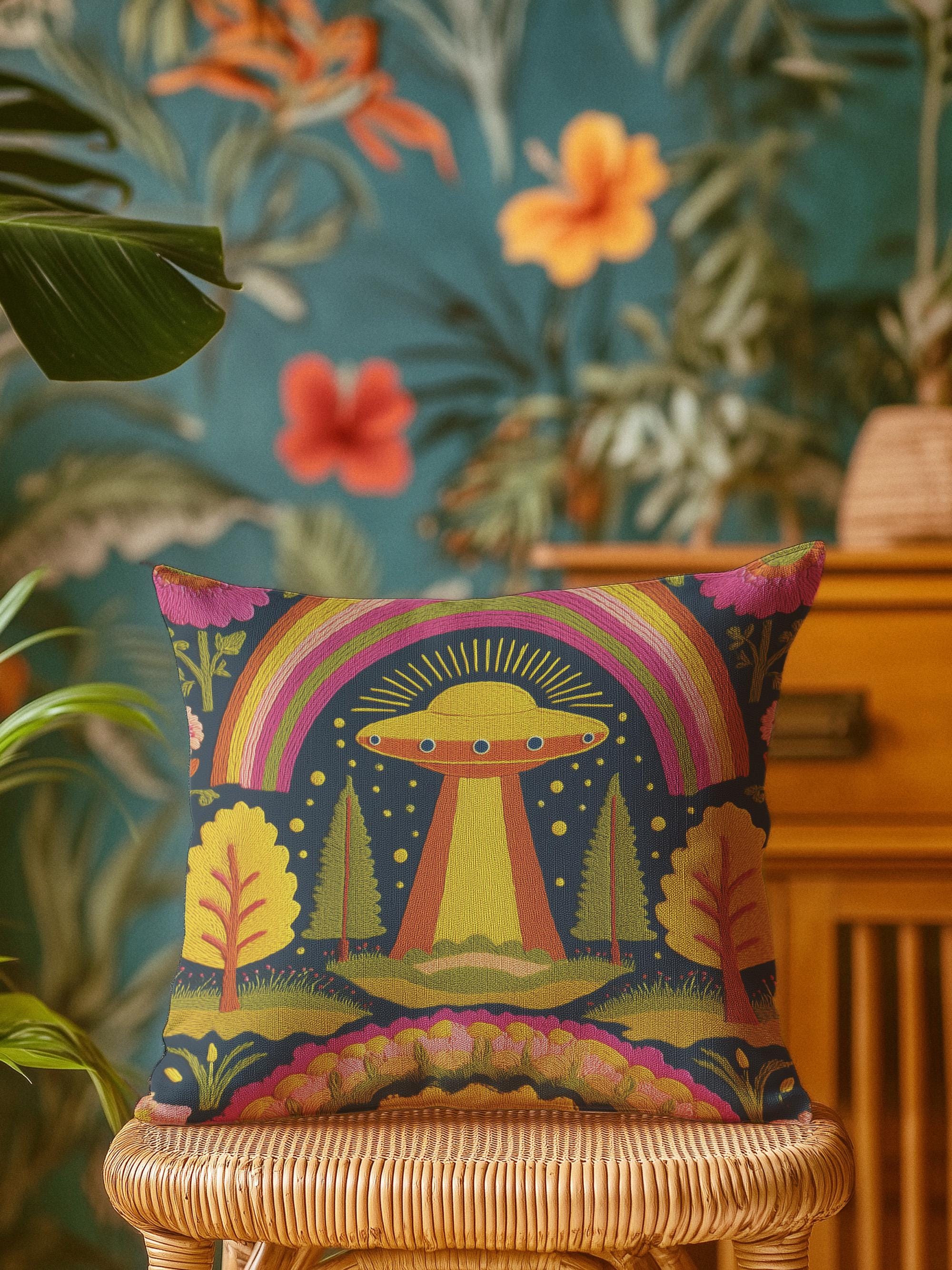 Sci-fi UFO Alien 70s Style Pillow Case - Vibrant Decorative Cushion ...