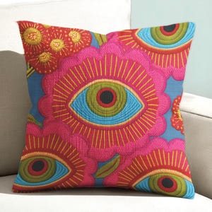 Evil Eye Floral Throw Pillow with Insert - Maximalist Linen-Feel Cushion for Bohemian Spiritual Decor