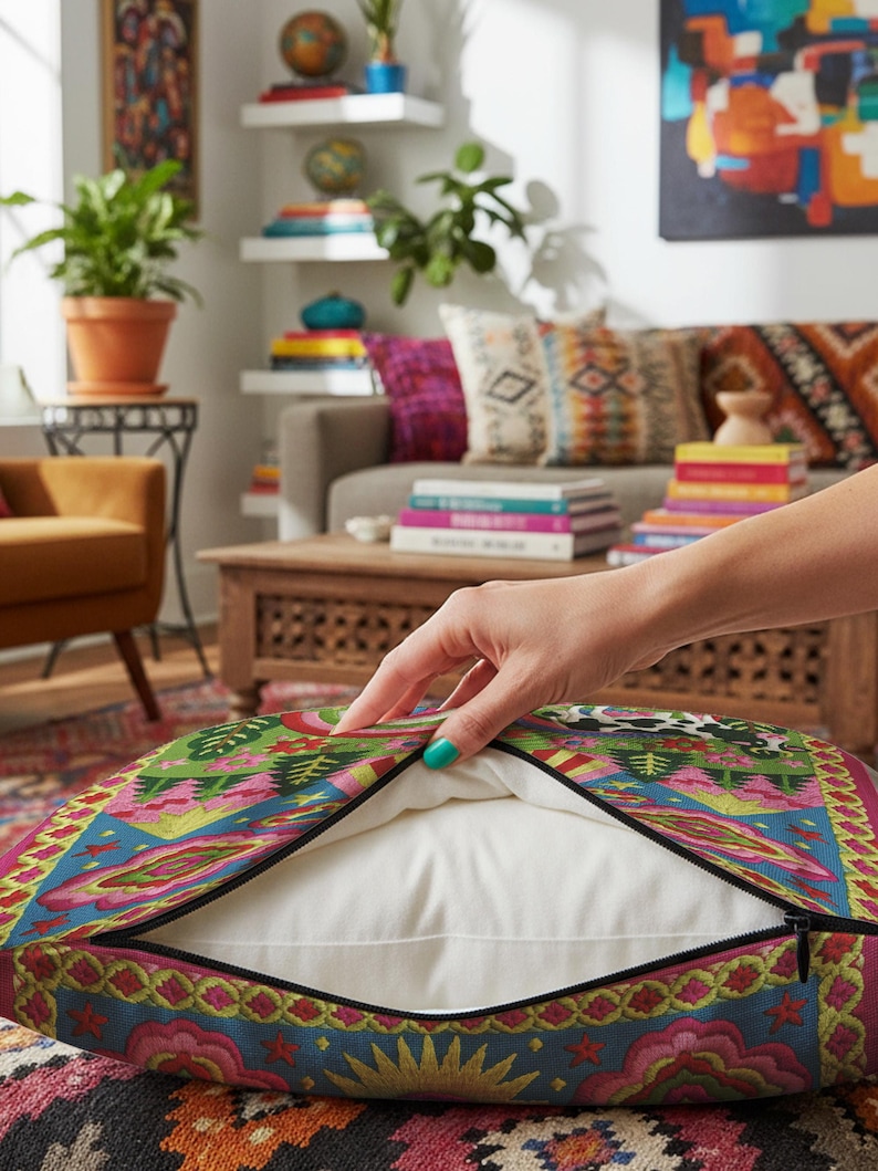 Description of a square throw pillow with a vibrant maximalist alien design. A central UFO with a large all-seeing eye hovers above a landscape with two rainbows, pink mountains, and green pine trees. A black and white spotted cow stands in the foreground. The design is a high-contrast palette of sky blue, magenta, hot pink, and meadow green. The pillow has a faux-embroidery 2D print finish on linen-feel fabric, framed by a yellow and pink scalloped floral border.