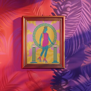 Art print of a Greek goddess on roller skates, with neon colors and Greek key patterns. Perfect for maximalist and eclectic home decor.
