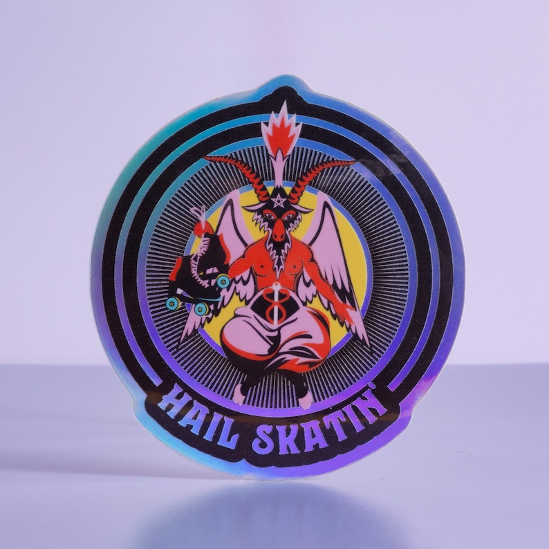 Sticker featuring a holographic design of a rollerskating goat figure inspired by Baphomet, holding a roller skate. The text 'Hail Skatin' appears below, blending rebellious skate culture with occult symbolism in a bold and edgy style.
