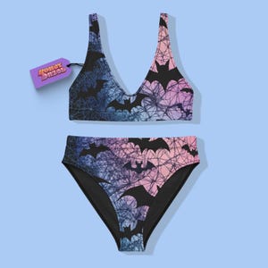 Pastel Goth Bat Bikini, High Waisted Swimsuit Set, Recycled Fabric, Halloween Swimwear, Plus Size Festival Swim Set, Y2K Swimwear