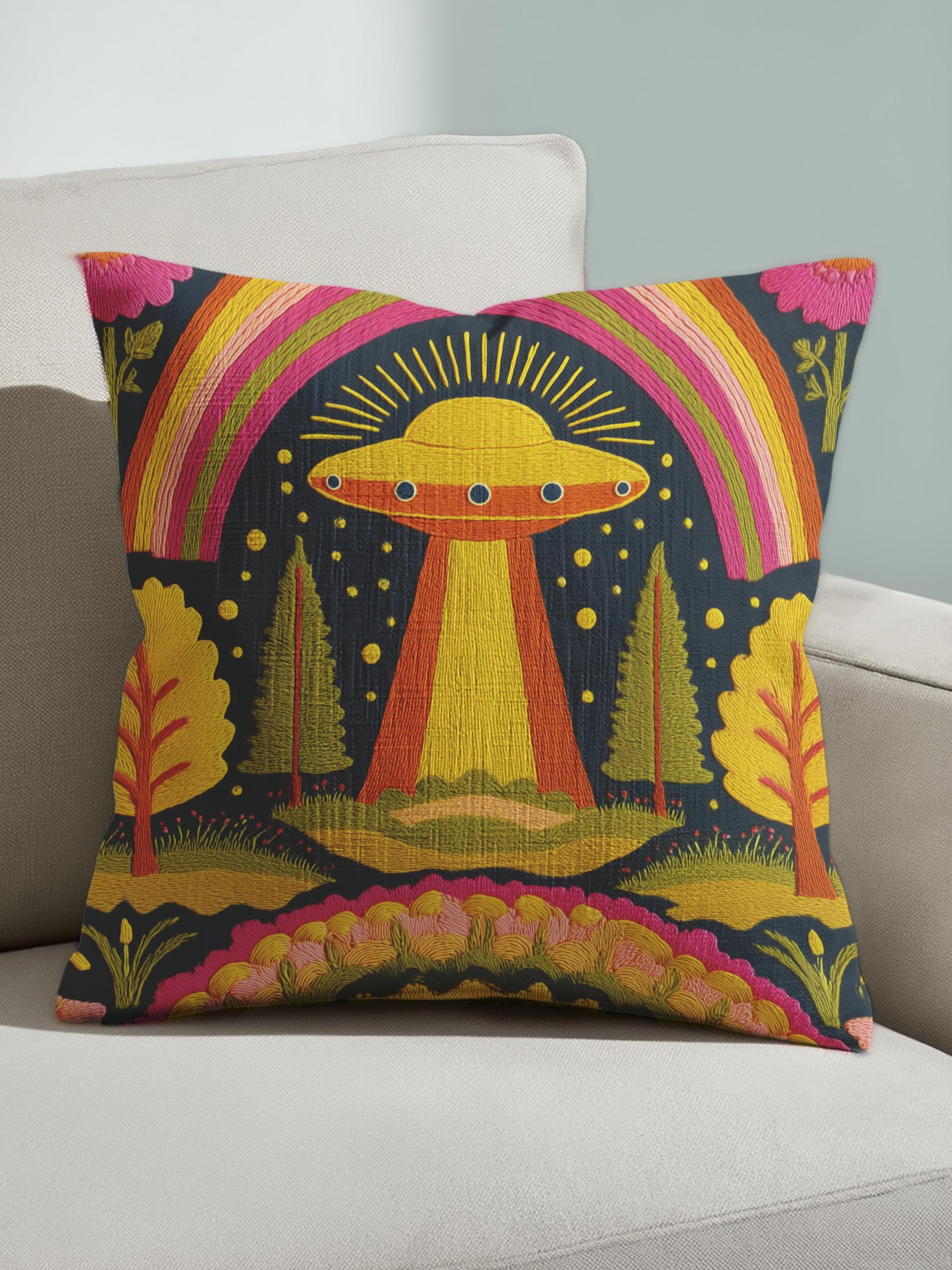 Sci-fi UFO Alien 70s Style Pillow Case - Vibrant Decorative Cushion ...