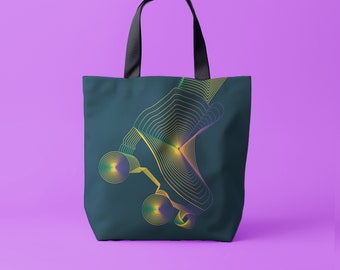 May include: A dark green tote bag featuring a colourful line drawing of a roller skate on the front.