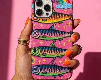 Minimalistische gehäkelte Sardine Handyhülle, Maximalist Pink Fisch Cover