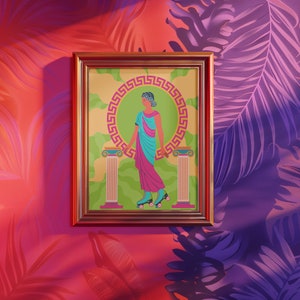 Grecian goddess in a teal toga roller skating between columns, vibrant maximalist art print in pink, orange, and green hues.