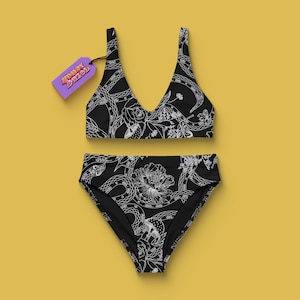 Gothic Floral Swimsuit, Snake Print Bikini, Plus Size, High Waist Bikini, Summer Beachwear, Sustainable, Goth Swimwear, Rave Outfit