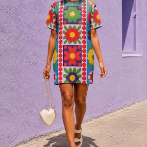70s Mod Patchwork Floral Cotton T-Shirt Dress, Flower Power Mini, Retro Folk Art Print Shift, Dopamine Dressing Summer Fit