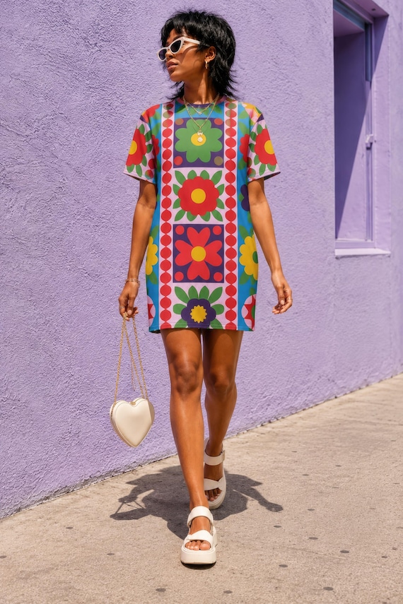 70s Mod Patchwork Floral Cotton T-Shirt Dress, Flower Power Mini, Retro Folk Art Print Shift, Dopamine Dressing Summer Fit