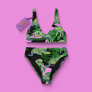 Tiger Print Sustainable Women&#39;s High-Waisted Two-Piece Bikini, Animal Print Swimwear