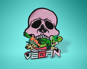 Vegan Skull Patch: Metallic Thread Sew-On Punk Patch